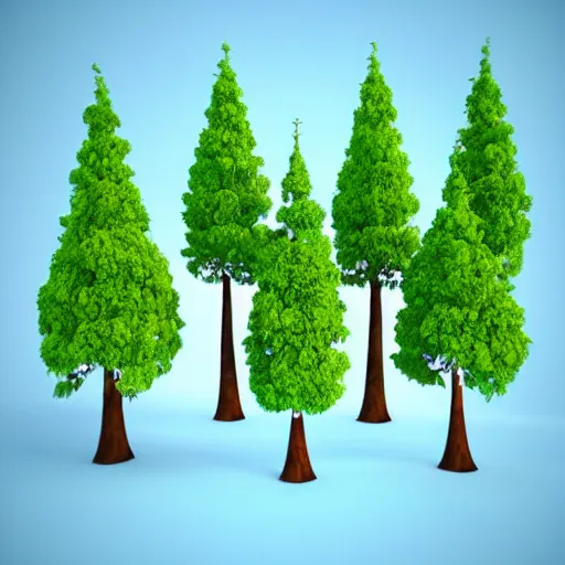 Image similar to collection of 3 d cartoon trees, different sizes, different colours, different heights, river, island terrain, blue sky