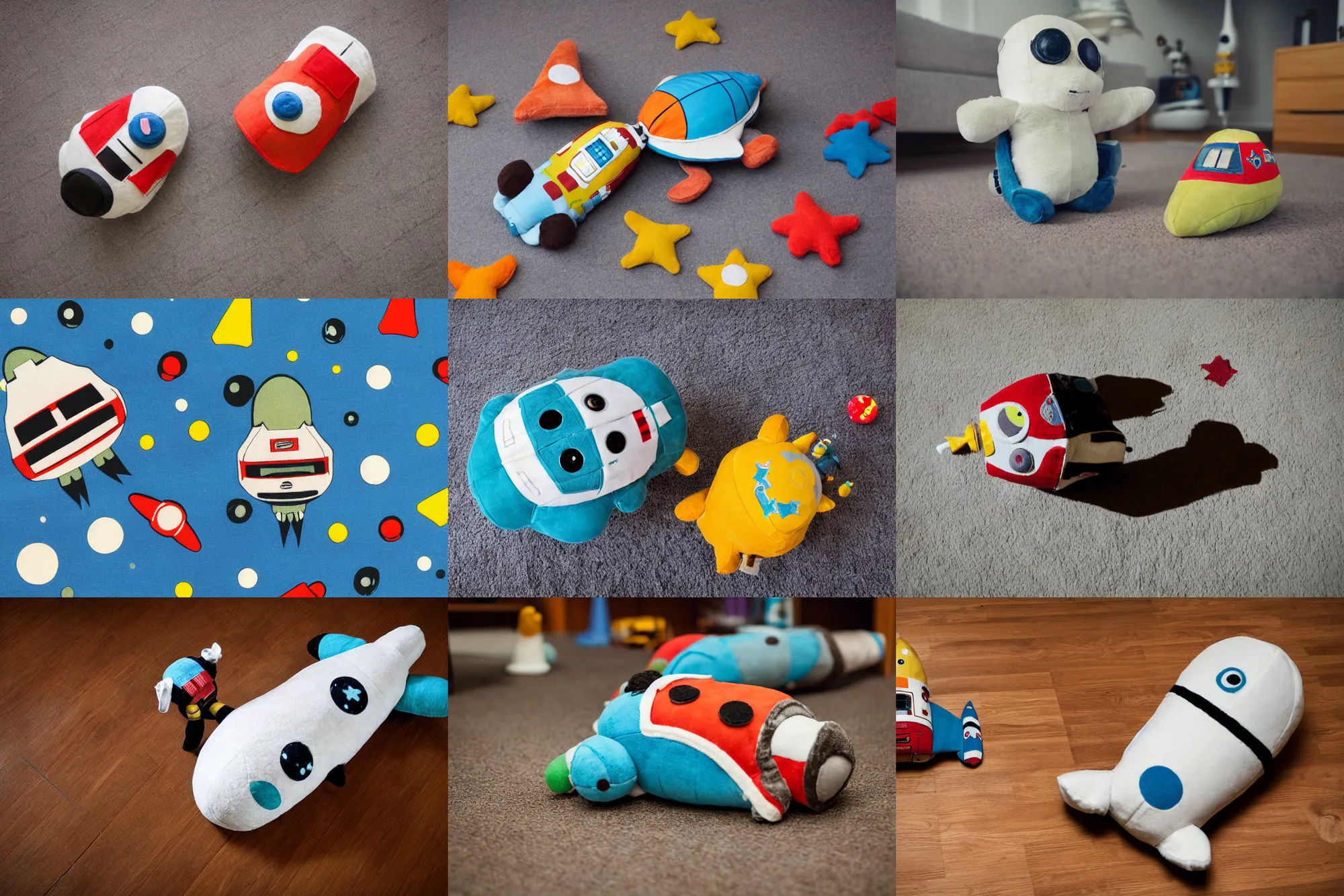 Prompt: photograph cute retro sci - fi plush toy spaceship on the floor
