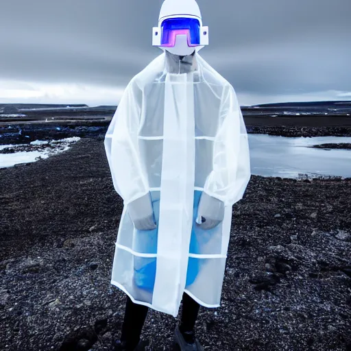 Image similar to an ultra high definition professional studio quality photograph of an artificially intelligent cyberpunk art influencer wearing a transparent iridescent pastel coloured face visor and matching squid based raincoat on white coat hook in a sheer icelandic black rock environment. dramatic lighting. volumetric shadows. light rays