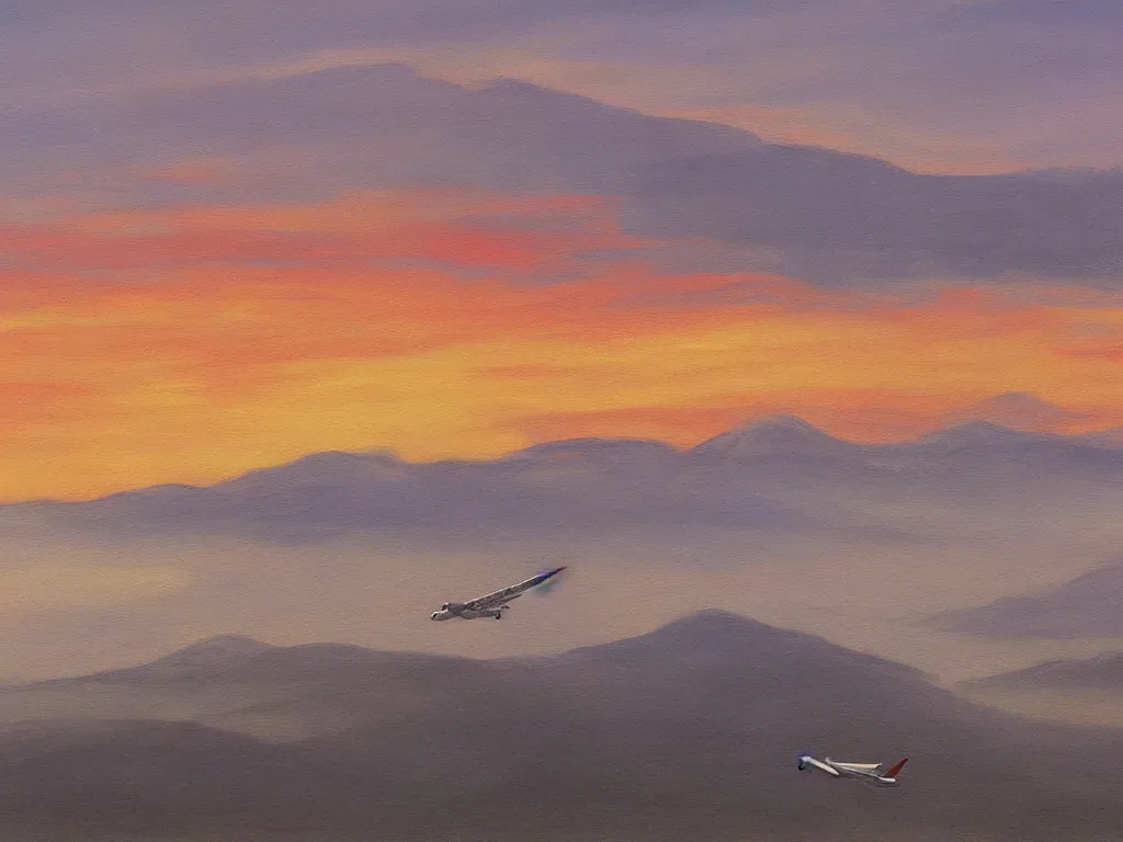 Image similar to single airbus airplane on runway at sunrise, mist. hills in the background. painting by moebius