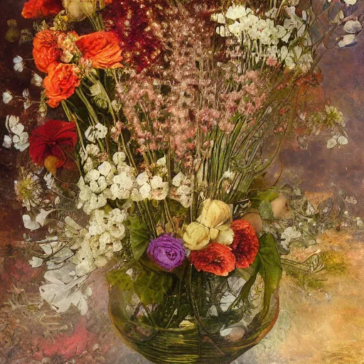 Prompt: ordered garfield by eugene von guerard, by william oxer. this digital art is a large canvas, covered in a wash of color. in the center is a cluster of flowers, their petals curling & twisting in on themselves. the effect is ethereal & dreamlike, & the overall effect is one of serenity & peace.