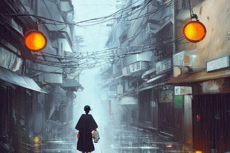 Prompt: a painting of a malfunctioning robot in a rain soaked back street in osaka, digital art, trending on artstation, by studio ghibli and greg rutkowski. spirited away. trending on artstation, hyperrealism, unreal engine