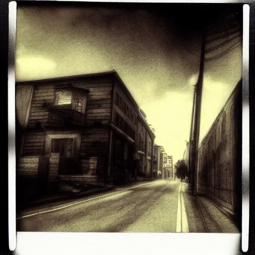 Image similar to A polaroid of a street with no one on it but a eldritch creature. Black and white, grainy, dark colors, cinematic lighting, hyper detailed, trending on art station.