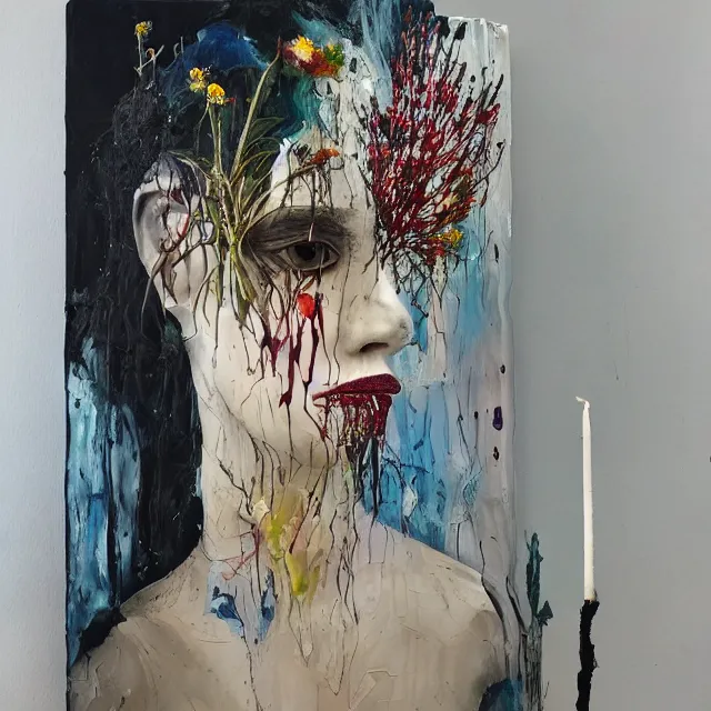 Prompt: “ a portrait in a female art student ’ s apartment, sensual, australian wildflowers, flax, flannel flower, bottlebrush, half - finished sculpture, sculpture work in progress, a candle dripping white wax, clay, squashed berries, berry juice drips, acrylic and spray paint and oilstick on canvas, surrealism, neoexpressionism ”