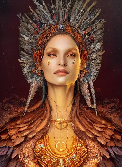 Image similar to an anton pieck portrait of a goddess, 8 k micro details beautiful intricate highly detailed quetzalcoatl skull and feathers. fire, galaxy, artwork by tooth wu and wlop and beeple and greg rutkowski, trending on artstation,