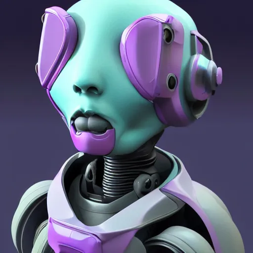 Image similar to portrait of a baby mecha with purple jacket design by fabricio campos and lidia morales, character modeling, toy design, substance 3 d painter, blender, mental ray, zbrush, soft vinyl, maximalist sculpted design portrait, studio photo, 7 0 mm lens, trending in artstation