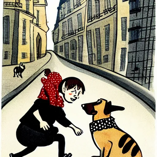 Image similar to book illustration of a french boy on the streets of paris playing football against a corgi, the dog is wearing a polka dot scarf, 1 9 6 6