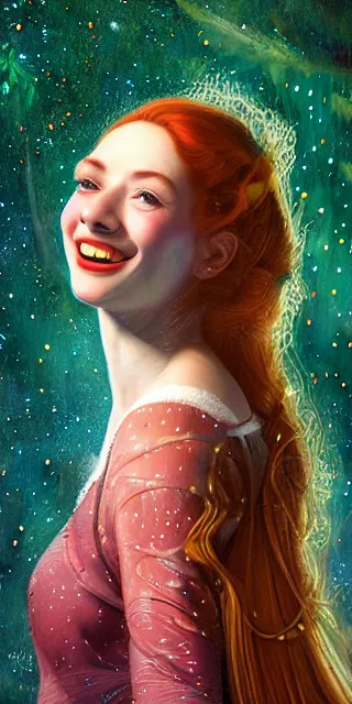 Prompt: young woman, smiling amazed, surrounded by firefly lights, full covering intricate detailed dress, amidst nature, long red hair, precise linework, accurate green eyes, small nose with freckles, smooth oval shape face, empathic, expressive emotions, dramatic lights, hyper realistic ultrafine art by artemisia gentileschi, jessica rossier, boris vallejo