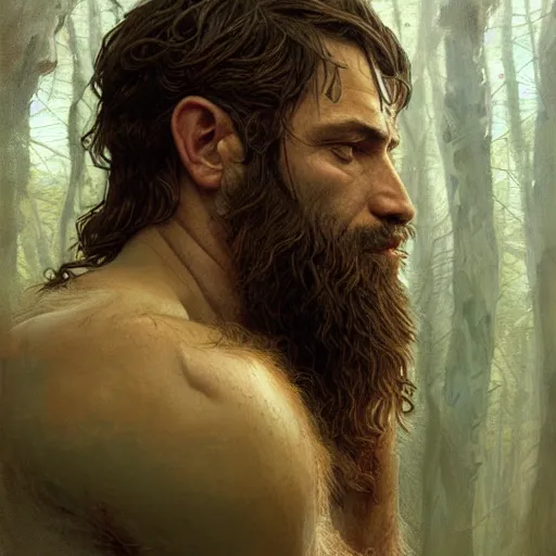 Prompt: portrait of the god of the forest, 40 years old, rugged, male, gorgeous, detailed face, amazing, hairy torso, muscular, intricate, highly detailed, digital painting, artstation, concept art, sharp focus, illustration, art by greg rutkowski and alphonse mucha