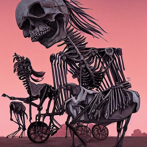 Image similar to The drawing features a human figure driving a chariot. The figure is skeletal and frail, with a large head and eyes. The chariot is pulled by two animals, which are also skeletal and frail. in the Central African Republic by Atey Ghailan unified