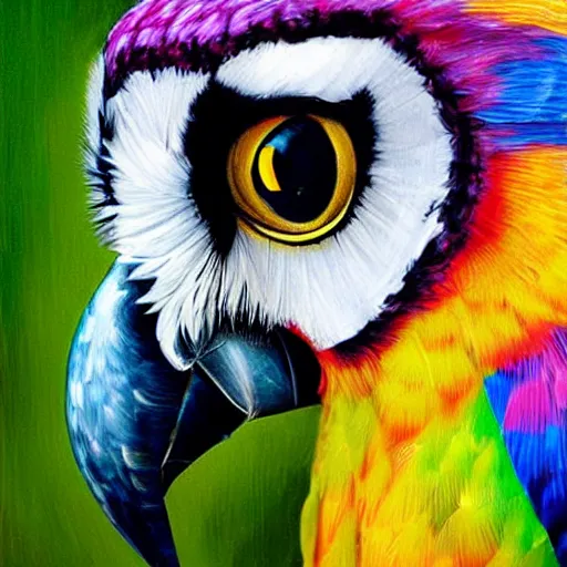 Image similar to hybrid bird cross between owl and colorful parrot detailed oil painting 4k