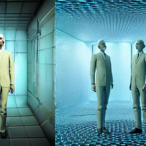 Prompt: Two very highly detailed man in different cryochamber's visualised By Stephen Hickman and Beeple, communicating with each other in unconsciousness dimension visualised by Victor Vasarely. Digital Concept Art rendered in Octane Render, cinematic shot