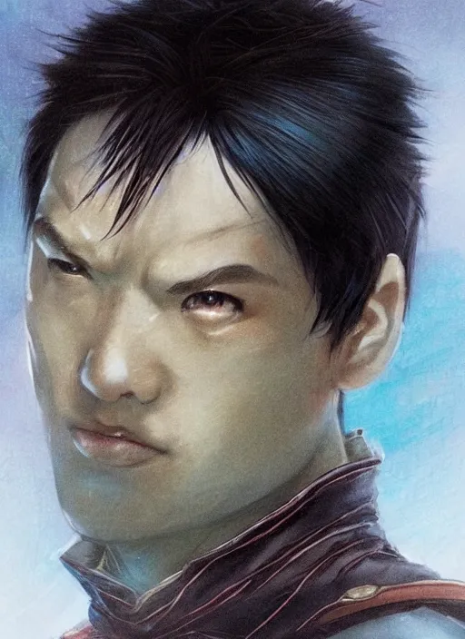 Image similar to asian with medium black hair man looking down at me, low angle, camera low, dndbeyond, bright, colourful, realistic, dnd character portrait, full body, pathfinder, pinterest, art by ralph horsley, dnd, rpg, lotr game design fanart by concept art, behance hd, artstation, deviantart, hdr render in unreal engine 5