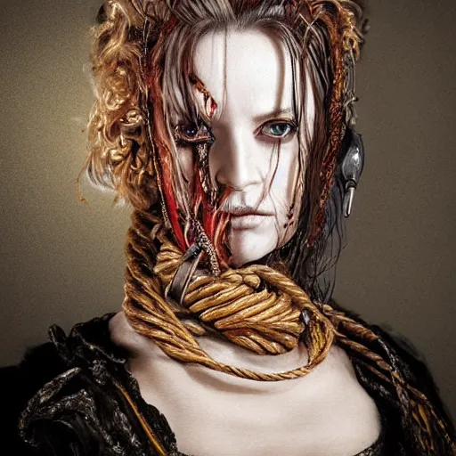 Image similar to portrait of a Shibari rope wrapped face and neck, headshot, insanely nice professional hair style, dramatic hair color, digital painting, of a old 17th century, old cyborg merchant, amber jewels, baroque, ornate clothing, scifi, realistic, hyperdetailed, chiaroscuro, concept art, art by Franz Hals and Jon Foster and Ayami Kojima and Amano and Karol Bak,