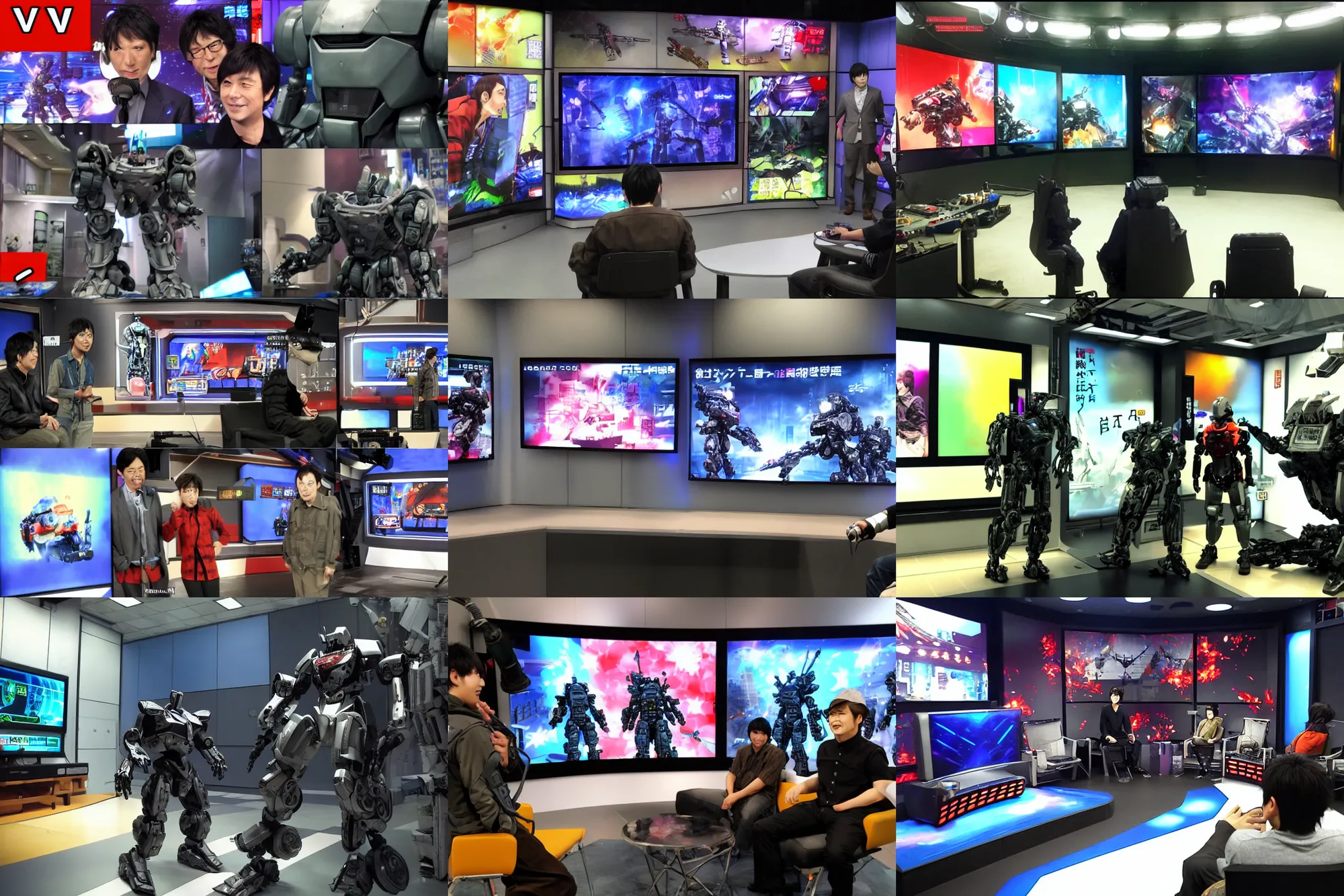 Prompt: armored core v robot talking with a comedian in the tv studio, colorful panels, telop, funny japanese tv show.