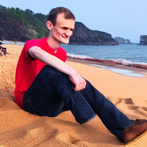 Image similar to vitalik buterin on a red beach taking a selfie