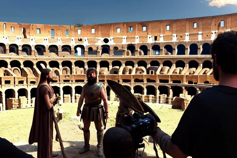 Image similar to vfx film, on set, on location, big production, roman extras, roman army, colosseum, outdoor, behind the scenes, film production, making of, flat color profile low - key lighting award winning photography arri alexa cinematography, hyper real photorealistic cinematic beautiful, atmospheric cool colorgrade