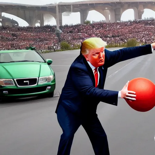 Image similar to donald trump throwing balls at cars