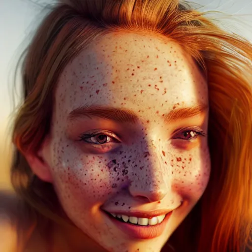 Image similar to portrait of a cute thin young woman, red blush, cute freckles, smug smile, modern clothes, relaxing on the beach, golden hour, close up shot, 8 k, art by irakli nadar, hyperrealism, hyperdetailed, ultra realistic