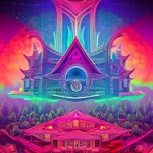 Image similar to mystical psychedelic poster with shaded lighting in the style of andriod jones, radiant light, detailed and complex environment, solace, beautiful, utopic astral city in the sky with many buildings and temples reflecting an modern city on the ground with old growth pine trees, overlaid sacred geometry, with implied lines, gradient of hot pink and neon baby blue