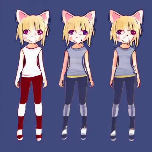 Image similar to full body character concept art of a little cat girl with yellow hair and blue eyes in chibi style