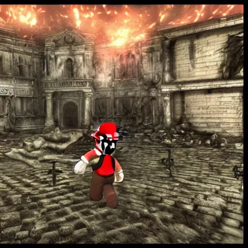 Prompt: mario in a ruined kingdom, resident evil, gothic horror, silent hill, occult, terror, mist