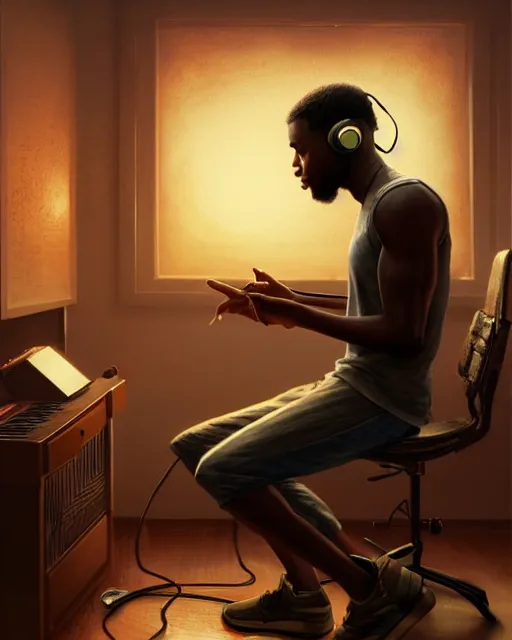 Image similar to light skin black man with headphones at his home studio producing music late at night, very detailed, 4 k, concept art like ernest khalimov, intricate details, highly detailed by greg rutkowski, ilya kuvshinov, gaston bussiere, craig mullins, simon bisley