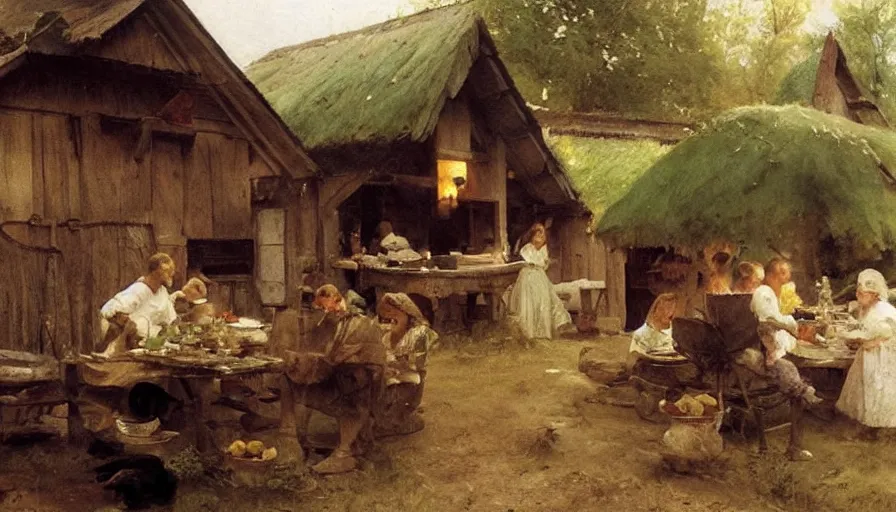 Image similar to simple villager family about to eat a meal together in their beautiful simple cottage home, art by anders zorn, wonderful masterpiece by greg rutkowski, beautiful cinematic light, american romanticism thomas lawrence, greg rutkowski