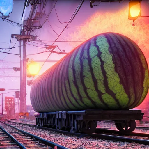 Prompt: watermelon train art by Mike Winkelmann, power auras, sigils, tattered cloth robes, substance 3d painter, PBR textures, Physical based rendering, cinematic, hyper realism, high detail, octane render, unreal engine, 8k, Vibrant colors, Smooth gradients, High contrast, depth of field, aperture