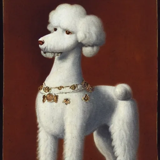 Image similar to portrait of a white poodle as an italian noblewoman, italo - byzantine era 7 0 0 ce