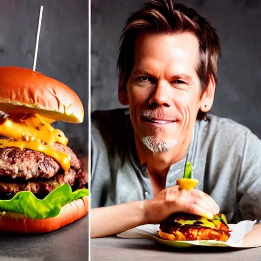 Prompt: kevin bacon portrait eating bacon burger soda fries, award winning food photography