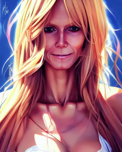 Image similar to portrait of Heidi Klum as Anime girl cute-fine-face, full body! pretty face, realistic shaded Perfect face, fine details. Anime. realistic shaded lighting by Ilya Kuvshinov Giuseppe Dangelico Pino and Michael Garmash and Rob Rey