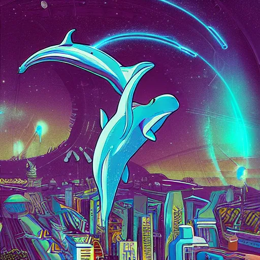 Image similar to an alien dolphin city, sci-fi digital art illustration,