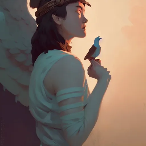 Prompt: portrait of the bird goddess by atey ghailan, by greg rutkowski, by simon stalenhag, by greg tocchini, by james gilleard, by joe fenton, by kaethe butcher dynamic lighting, gradient light blue, brown, blonde cream and white color scheme, grunge aesthetic