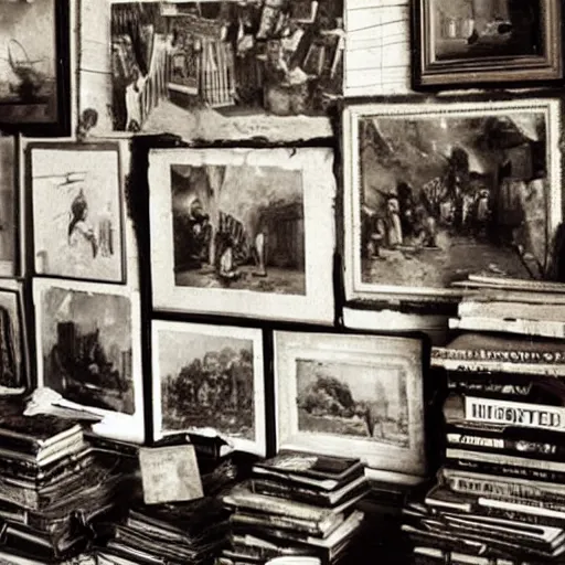 Prompt: old photographs of chaotic interiors full of paintings and books