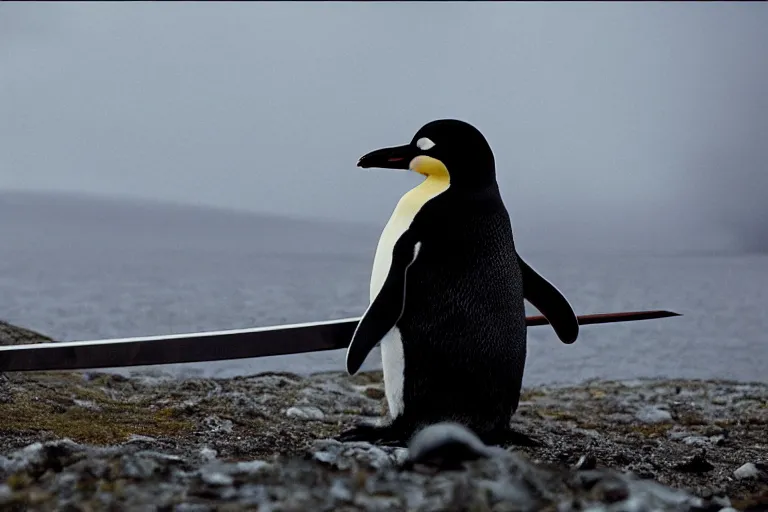 Prompt: movie scene closeup penguin wearing fishbone armor holding a katana sword in a lush arctic. by emmanuel lubezki