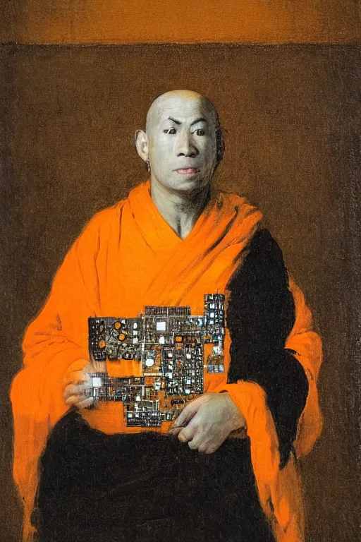 Image similar to portrait of a techno monk in orange robes with wires and circuit boards coming out of his face by francisco goya