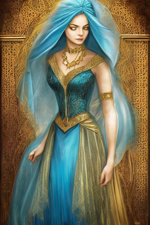 Image similar to detailed painting of a beautiful princess wearing a blue dress with veil inside the interior of an ornate Middle eastern palace by Stanely Artgerm, green eyes, gold jewellery, black hair, majestic, beauty, dramatic light, turquoise color scheme, Trending on Artstation