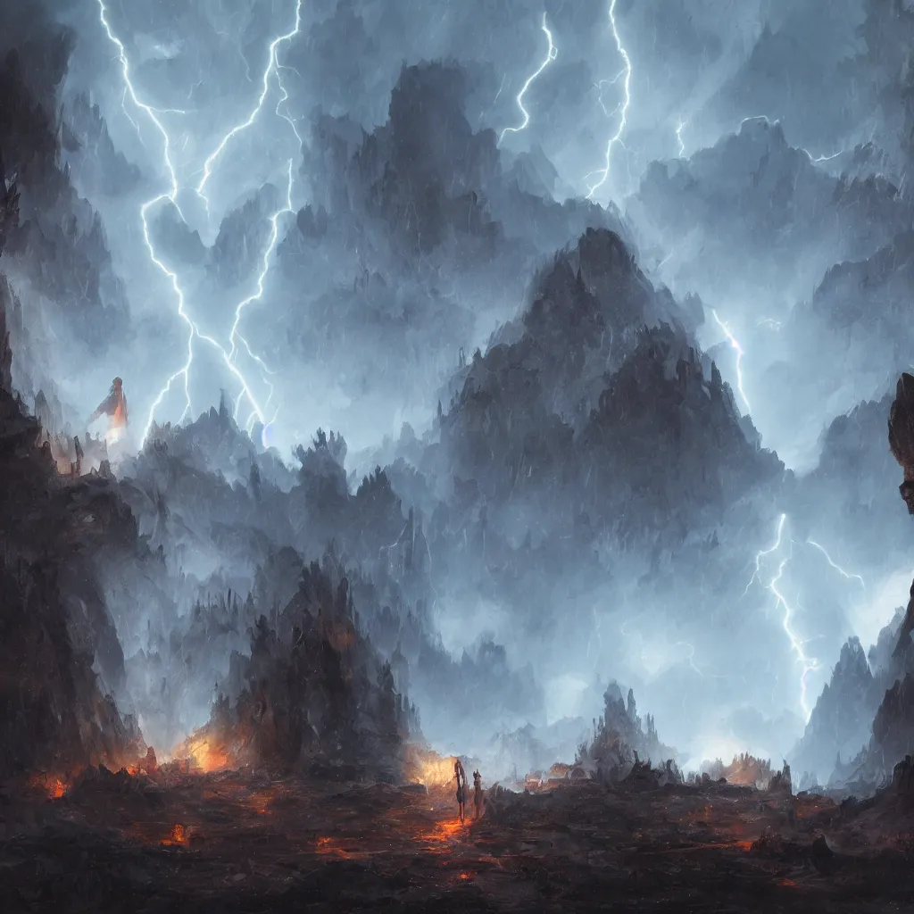 Image similar to a still of a cloaked figure standing in the ruins of crux prime, monastery, there is lightning, blue fiery maelstrom in the distance, it is raining, digital art, artstationhq