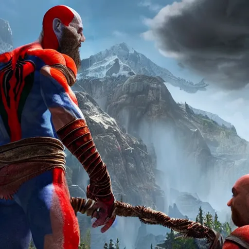 Image similar to screenshot of the game God of War with Kratos and Spiderman high fiving | Sony Pictures official media | Spiderman | Spiderman | Spiderman