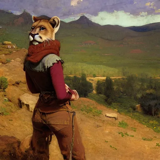 Prompt: wild west portrait of furry anthro anthropomorphic mountain lion head animal person fursona wearing clothes in the valley, sunny day, digital art by Nerdrum John, William Waterhouse, Winslow Homer, Alex Heywood, Jordan Grimmer, Darren Quach, Greg Rutkowski, Simon Stalenhag, trending on Artstation, CGSociety