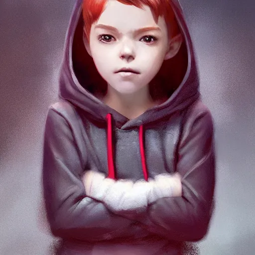 Image similar to a tiny girl with short red hair wearing a hoodie, digital art, cute face, very beautiful face, pretty face, very detailed eyes, full body illustration, 8 k resolution, soft painting, by greg rutkowski, wlop, rossdraws,