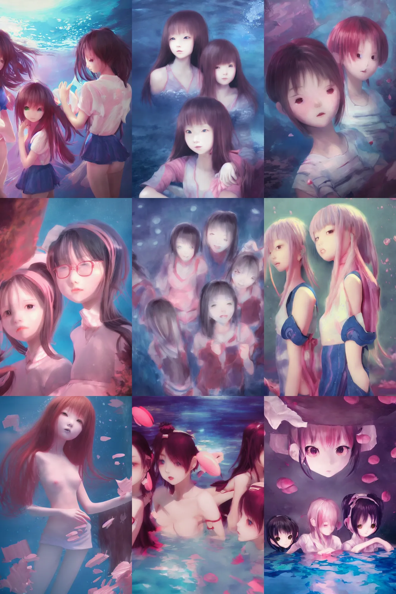 Prompt: 3d infrared octane render complex concept art by D. Jun, by Mo Xiang Tong Xiu, by Igarashi Daisuke, cute beauty minimalist portrait anime sad friends school girls under dark pink and blue underwater pool. beautiful and cutest sad face. dramatic deep light, trending on artstation, oil painting brush