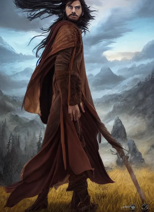 Prompt: An epic fantasy comic book style portrait painting of a young man with a long brown hair wearing a cloak that waves in the wind as he holds onto a stave in front of an epic fantasy landscape, unreal 5, DAZ, hyperrealistic, octane render, cosplay, RPG portrait, dynamic lighting