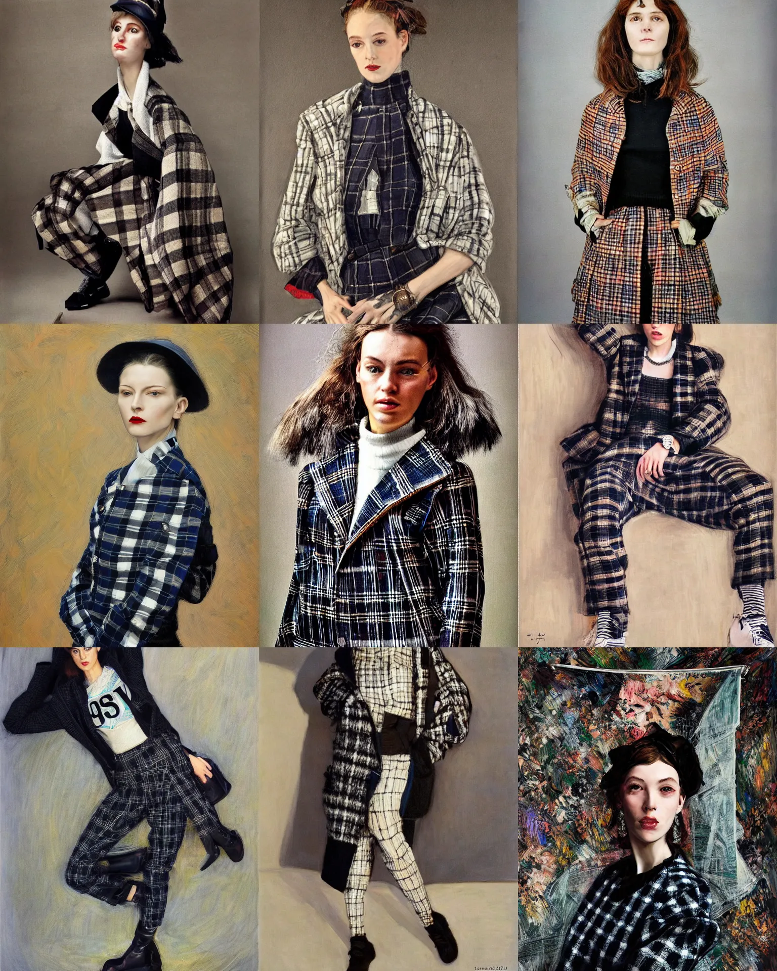 Prompt: highly - detailed, 2 0 2 0 s flannel & plaid modern streetwear, full - length portrait painting. james tissot, vogue magazine, zinaida serebriakova, edward hopper, annie leibovitz. a modern!!!!! 2 0 1 0 s vogue fashion photography portrait, studio photography portrait, background, fully - clothed!!!.