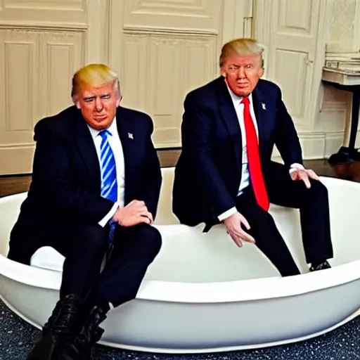 Prompt: photo of donald trump and boris johnson sitting in a bathtub