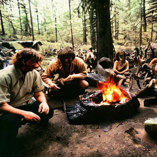 Image similar to kodak 2 0 mm, photo, neanderthal people eating sushi, surrounded by dinosaurs!, gigantic forest trees, sitting on rocks, bonfire, close up camera on bonfire level