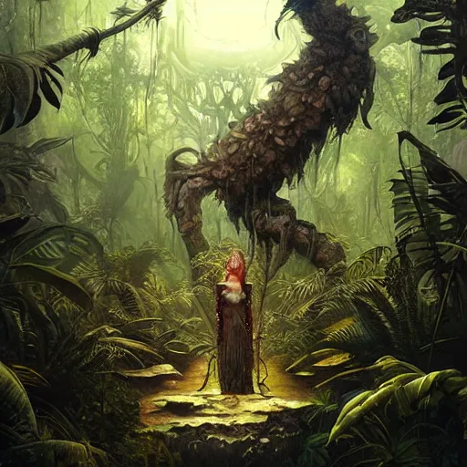 Prompt: a hyperrealistic illustration of a dark monster in a jungle, Jungle with fractal sunlight, award-winning, masterpiece, in the style of Tom Bagshaw, Cedric Peyravernay, Peter Mohrbacher