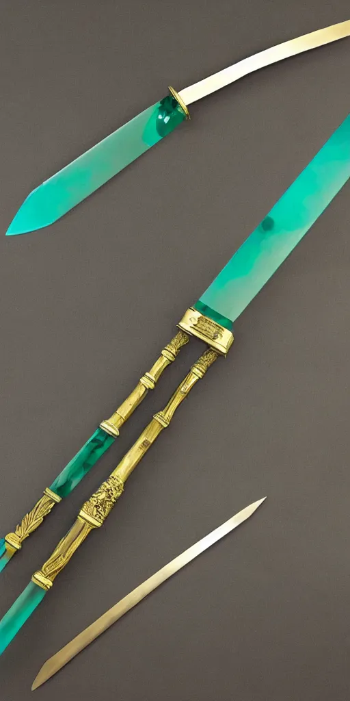 Image similar to photograph of a wide green and teal crystal sword blade attached to a big gold sword hilt