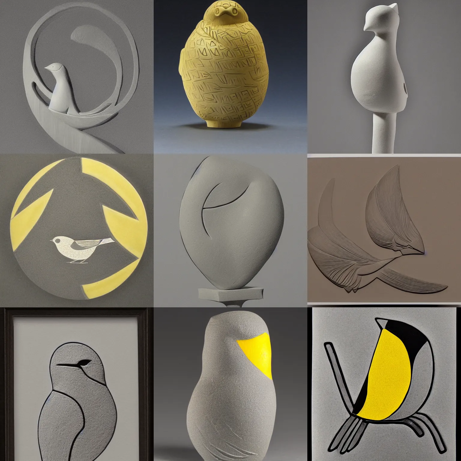 Prompt: engraving of chickadee cycladic sculpture, payne's grey and cadmium yellow